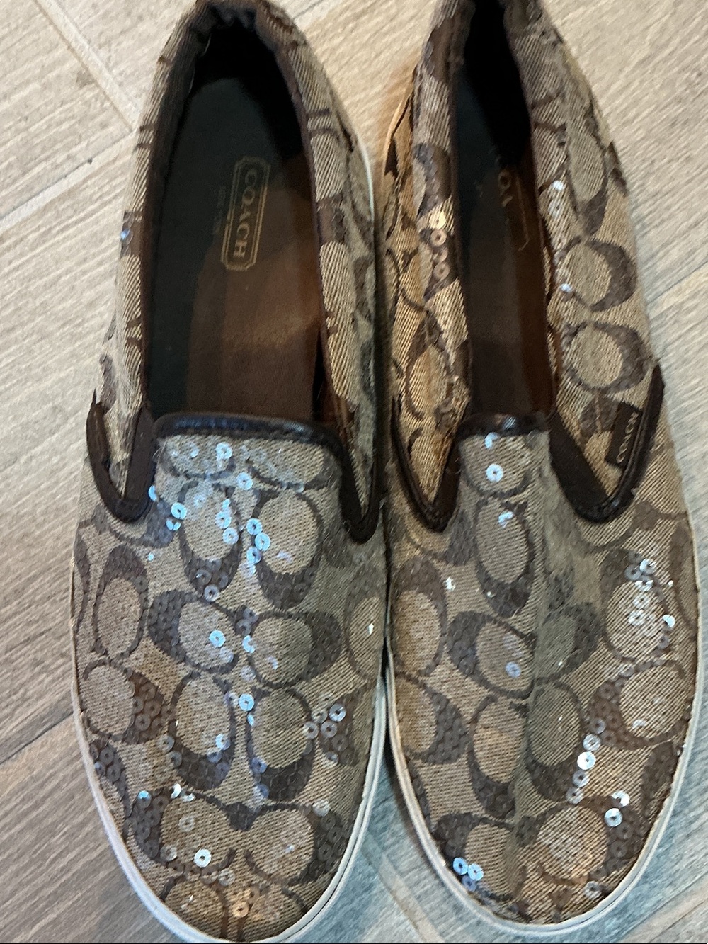 Coach Kivy Sequin Signature Slip-On Sneakers - Taupe/Brown Women’s Sz 9.5B